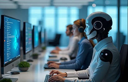 Robô representando a IA com outros humanos em frente ao computador.